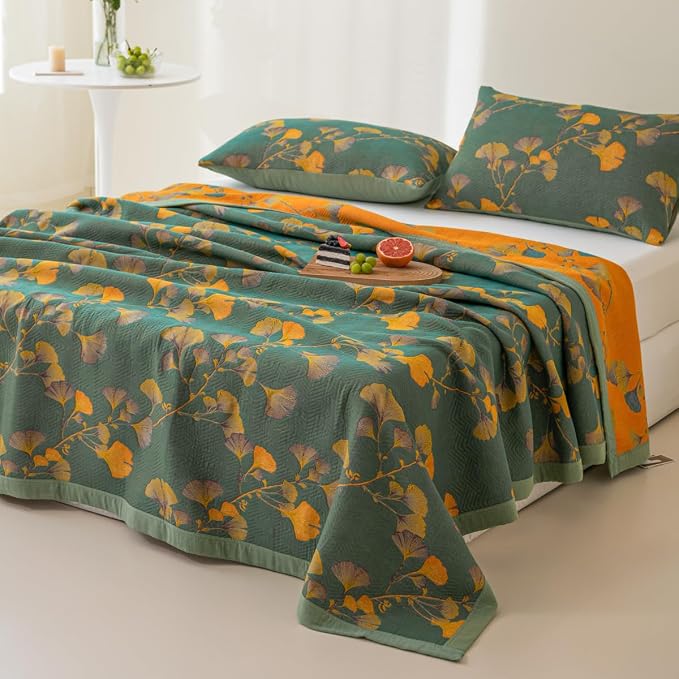 100% Cotton Jacquard Quilt Floral Ginkgo Leaves Print,Soft Muslin Bed Cover 3 Layers Reversible Bedspread Coverlet Breathable Lightweight Bedding,King(98"x94"), No Pillow Sham