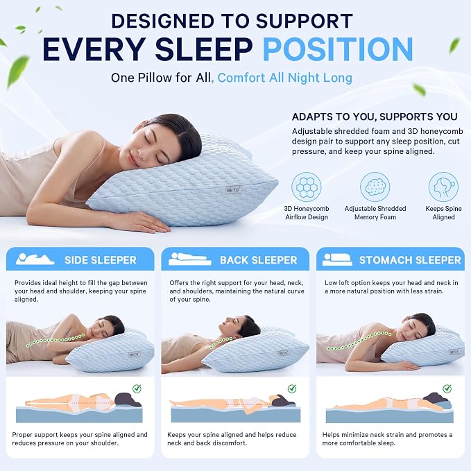BETU Cooling Pillow Queen Size, Breathable Shredded Memory Foam Cool Pillow for Hot Sleepers, Adjustable Soft Support Bed Pillows for Side, Back, Stomach Sleepers, 3D Honeycomb Breathable Cover