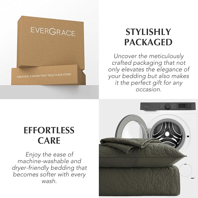 EVERGRACEHOME 100% Cotton Paisley Quilt Set, Oversized King, Olive Green | Prewashed for Softness, Year-Round Breathability, Gift-Ready Box, Matelasse-style Quilted Coverlet, 3 Piece Set with 2 Shams