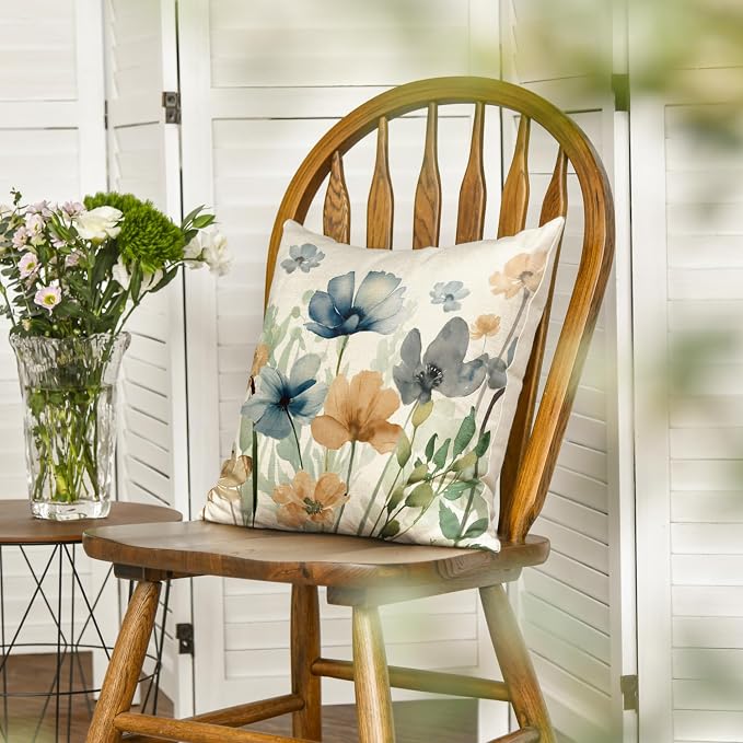 AVOIN colorlife Chinoiserie Poppy Flowers Throw Pillow Cover 18x18 Inch | Light Brown Blue Seasonal Leaves Cushion Case Decoration for Sofa Couch Farmhouse