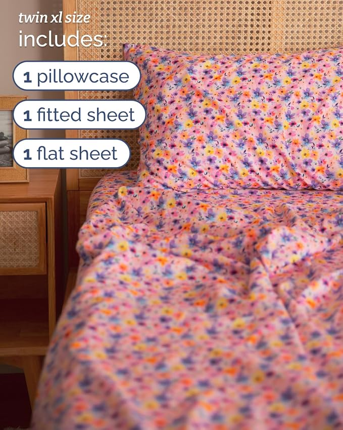 Twin XL 3 Piece Floral Sheet Set - Breathable & Cooling - Watercolor Bloom | 1 Flat, 1 Fitted & 1 Pillowcase w/ Deep Pockets, Boho Botanical Floral Bedding, Breathable & Cooling, Wrinkle & Fade Free