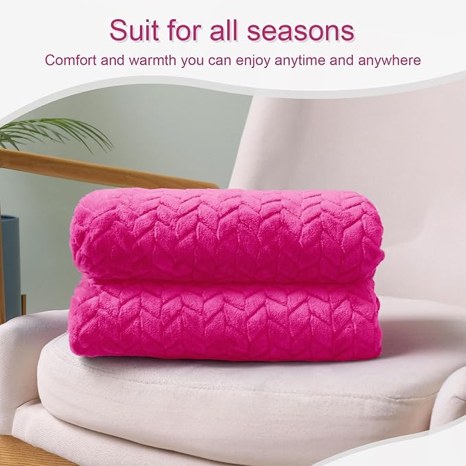 Exclusivo Mezcla Fleece Throw Blanket for Couch Sofa, 50”x70”, Hot Pink | Oversized Soft Cozy Fluffy Blankets for Summer, Decorative Plush Flannel Throws for Living Room, Bedroom with Leaves Pattern