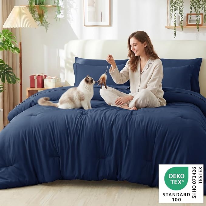 King Size Comforter Set Navy, 7 Pieces Bed in a Bag | OEKO-TEX Certified, All-Season, Bedroom, 240GSM Down Alternative Comforter, Flat & Fitted Sheets, 2 Pillowcases & 2 Shams