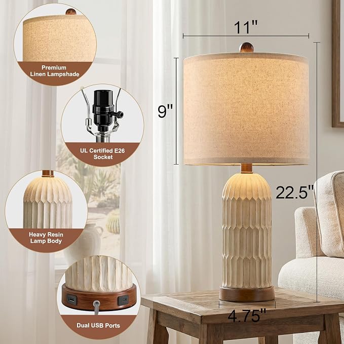 OYEARS 22" Bedside Table Lamps Set of 2, Farmhouse Lamp with USB A+C,Brown | Vintage Nightstand Lamp for Bedroom, Retro Design, Home Decor for living Room, Nursery, Home Office, End Side table
