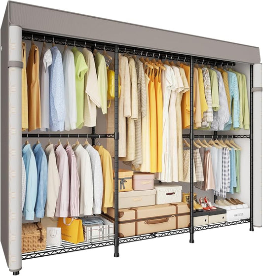 ULIFHOME E14C Pro Heavy Duty Closet Organizer System (Brand Custom) | Freestanding Adjustable Garment Racks for Hanging Clothes，69"W × 16"D × 77"H Max 960lbs，Black Rack with Classic Pattern Cover