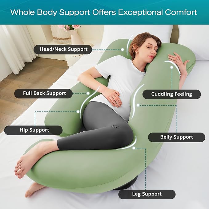 Cooling Pregnancy Pillows for Sleeping, 57'' Full Body Pillow, Green | Sasttie Maternity Pillow, OEKO-TEX, Down Alternative, Removable Cover, Pregnant Women Must Haves, Maternity Essential