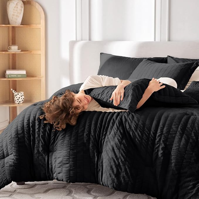 7 Pieces Oversized King Comforter Set, Seersucker Bed in a Bag Oversized King Size, All Season Luxury Bedding Set with Comforter, Flat Sheet, Fitted Sheet, Pillowcases & Shams, Black