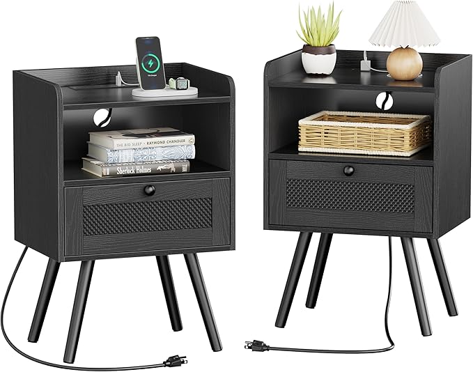 SUPERJARE Nightstands with Charging Station, Set of 2, All Black | Bedside Table with Texilene Surface Drawers, Rattan Side Table with Storage & Solid Wood Feet, End Table for Bedroom
