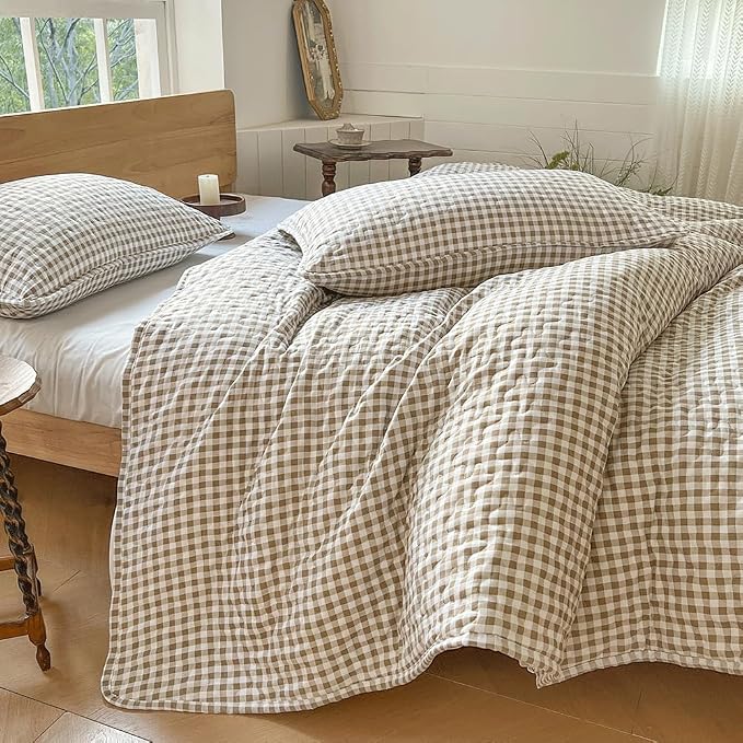 NSNLGSGC Tan Gingham Queen Summer Bedspread Quilt Set | Pre-washed Microfiber,Lightweight Checked Grid Bedding Coverlets for All Seasons