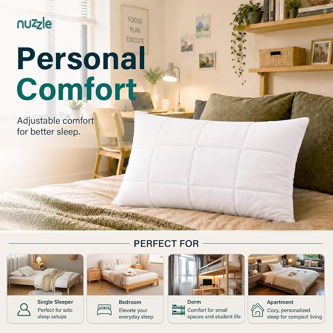 Nuzzle Pillow Standard Adjustable Neck Pillow,Soft Luxury Hotel Feel | Bed Pillows Standard with Adjustable Height & Firm Feel for Side, Back and Stomach Sleepers–Gift for Women & Men