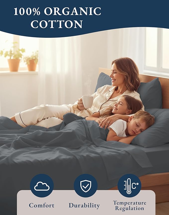 LANE LINEN California King Sheet Set 100% Organic Cotton Cooling - Charcoal | GOTS Certified Organic Cotton Percale Cal King Sheet Set - Soft From The First Wash, Crisp Cool Percale Weave