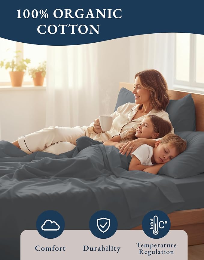 LANE LINEN Twin XL Sheet Set 100% Organic Cotton Cooling Soft - Charcoal | Twin XL Sheet Set, GOTS Certified Organic Cotton Percale - Crisp Hotel-Style Feel, Soft From The First Wash, For Hot Sleepers