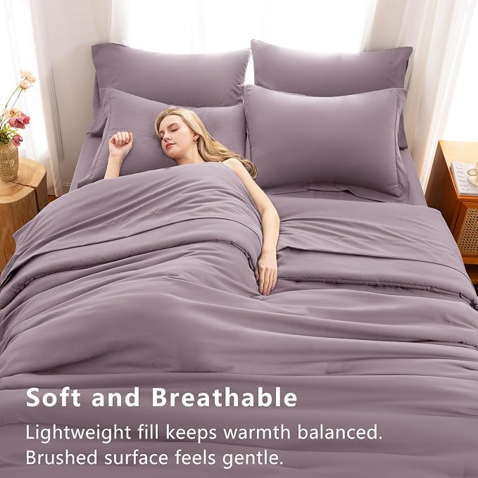 Queen Comforter Set Dusty Purple, 7 Pieces Bed in a Bag | OEKO-TEX Certified, All-Season, Bedroom, 240GSM Down Alternative Comforter, Flat & Fitted Sheets, 2 Pillowcases & 2 Shams