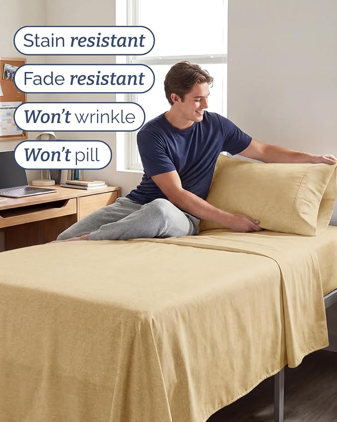 Twin XL 4 Piece Sheet Set - College Dorm Room Essentials - Heathered Tan | Ultra Soft Dorm Bedding Set, 8" to 16" Inch Deep Pockets, 1 Flat & 1 Fitted Sheet & 2 Pillowcases, Wrinkle & Fade Free
