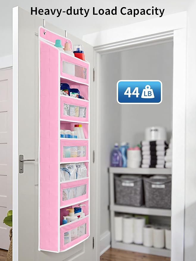 JARLINK Over the Door Organizer for Pantry, Bathroom, 5 Shelf Pink, 2 Pack | Anti-Tilt Design, 44 lb Load Capacity, Hanging Door Organizer with 5 Large Capacity Pockets, Behind Door Storage for Nursery