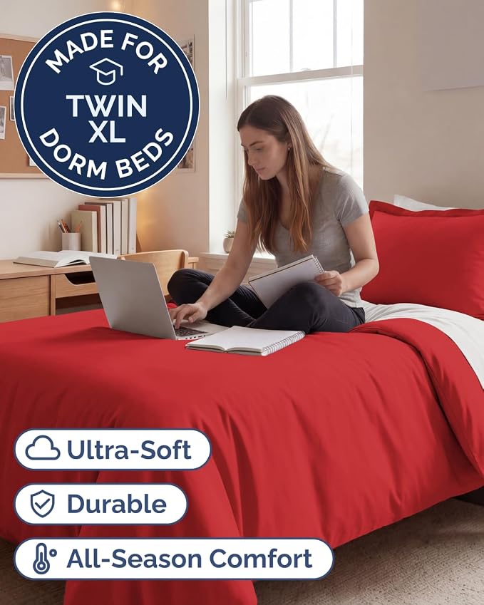 Duvet Cover Twin/Twin XL Size - Soft 2 Piece with Zipper Closure - Red | Extra Soft, Breathable, Twin/Twin XL Duvet Cover 68" x 90" w/ 1 Pillow Sham, Zipper Closures & Ties, Women, Men, Kids & Teens