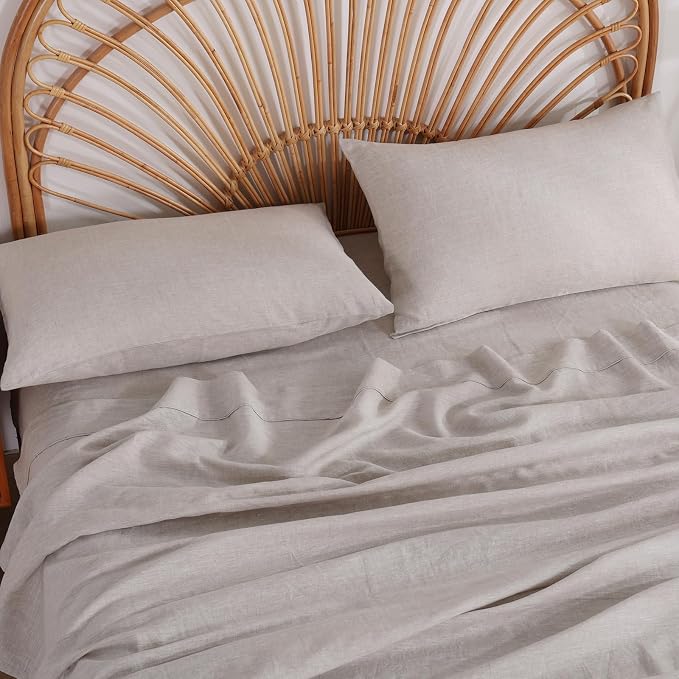 100% Linen Sheets Set King Size, Natural Pure Flax 4 Piece Bed Sets, 16" Deep Pocket, Breathable Cooling Bed Soft Durable Bedding, Machine Washable (Linen,King)