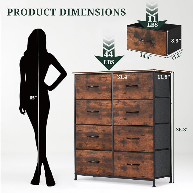 8-Drawer Dresser for Bedroom, Anti-Tip Tall Storage Organizer | Chest of Drawers with Wooden Top and Metal Frame Fabric Bins for Closet, Living Room, Hallway, Entryway, Brown