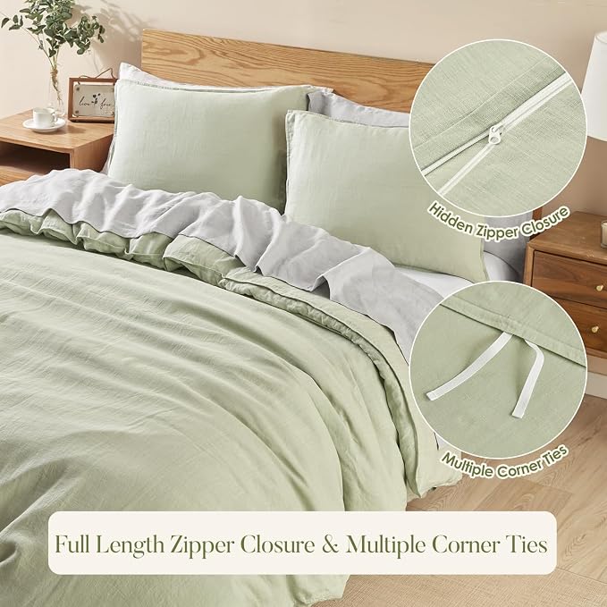 DAPU 100% French Linen Duvet Cover 3Pcs Set, 170GSM Linen Bedding, Full/Queen