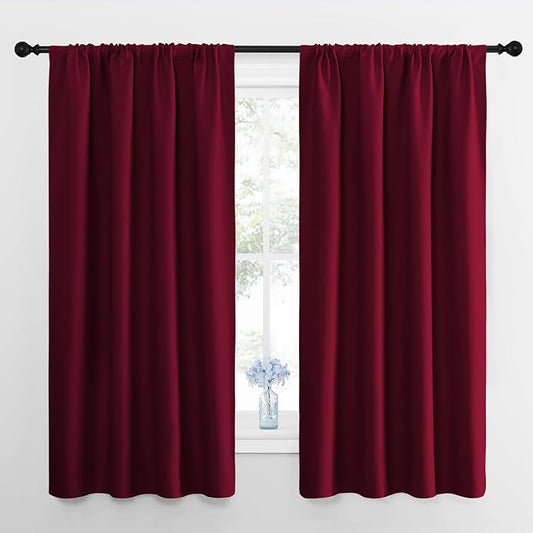 NICETOWN Wine Red Blackout Curtains 63 inches Long for Living Room, Darkening Window Curtain Panels, Easy-Care Solid Thermal Insulated Draperies/Drapes for Daughter Room