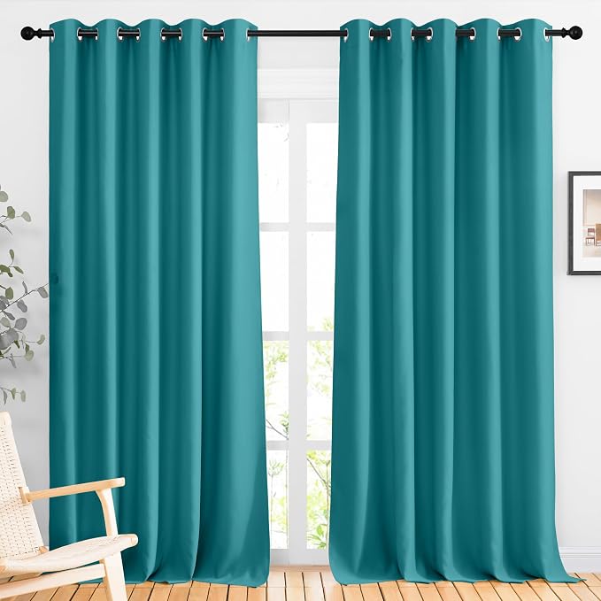 NICETOWN Bedroom Blackout 110 inch Curtains for Sliding Glass Door, Grommet Thermal Insulated Solid Window Treatments Sound Reducing for Living Room, W66 x L110, Peacock Teal, Set of 2