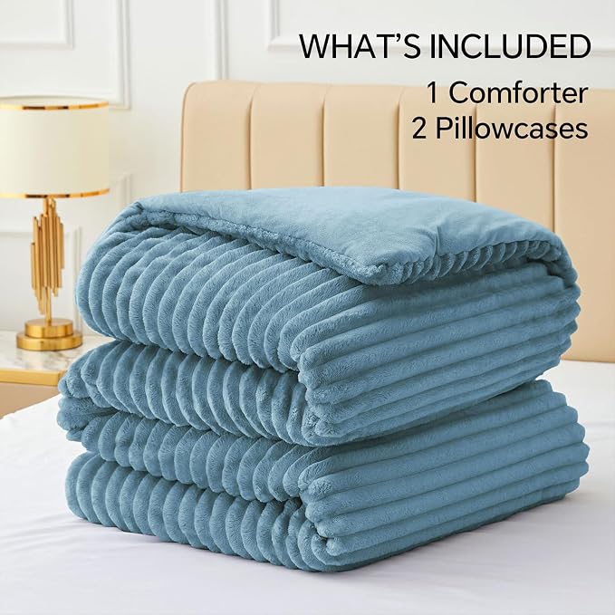 BEDELITE Fleece King Comforter Set, Fluffy Bed Set, Blue Fog | Super Soft & Warm Bedding, Luxury Fuzzy Faux Fur Comforter for Winter, Heavy Plush Bedding, with 2 Pillowcases