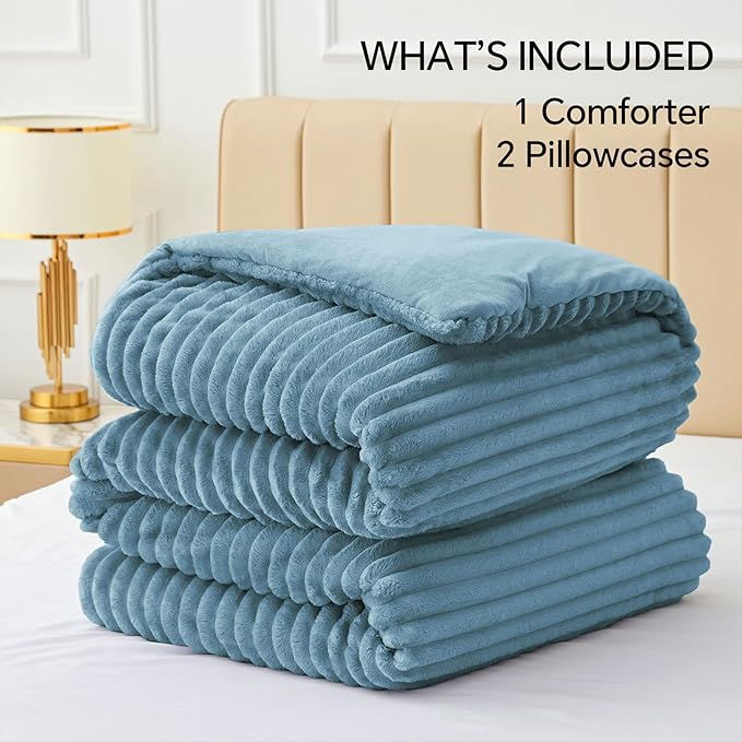 BEDELITE Fleece Queen Comforter Set, Fluffy Bed Set, Blue Fog | Super Soft & Warm Bedding, Luxury Fuzzy Faux Fur Comforter for Winter, Heavy Plush Bedding, with 2 Pillowcases