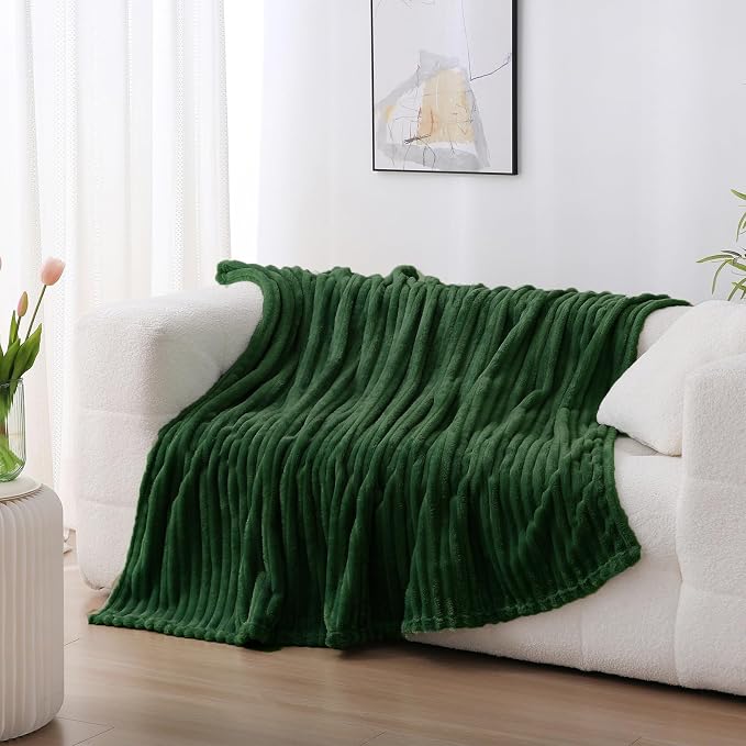 Dark Green Fleece Throw Blanket 50”×70” for Couch Sofa Livingroom | Super Soft Cozy Plush Microfiber Flannel Bed Blanket Striped Design Lightweight Home Decor Gifts for Adults Mom Women