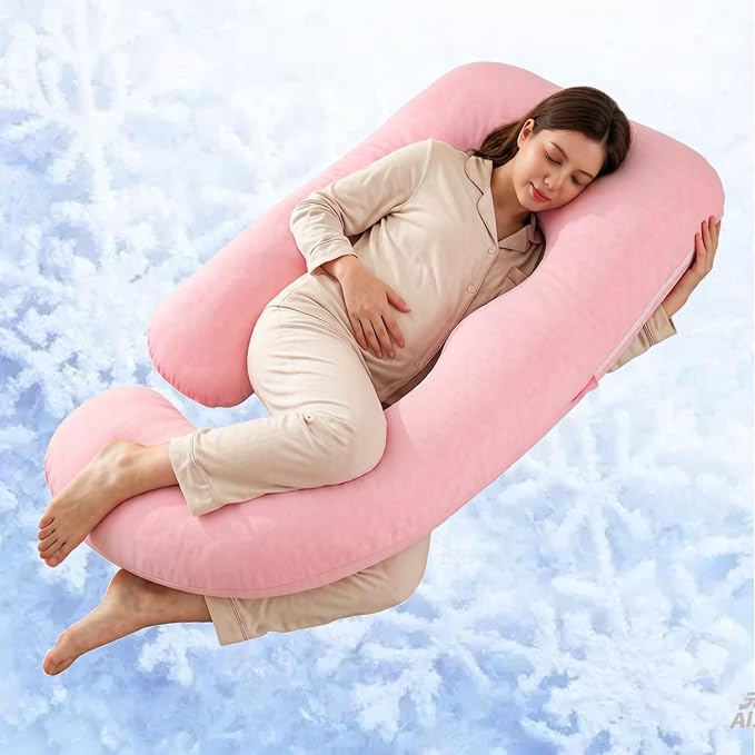 ALLOPERA Pregnancy Pillow, Full Body 57 Inch Maternity Pillow with Removable Washable Cover - Sleep Support for Legs, Back, Neck, Shoulder, HIPS, Belly for Pregnent Women, Pink Milk Fiber Cover