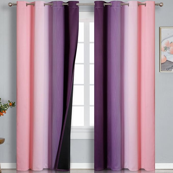 Pink and Purple Ombre Blackout Curtains for Girls Bedroom 90 Inches Long | Estelar Textiler Kids Living Room Curtains,Thermal Insulated, Energy Saving Gradient Grommet Drapes,52Wx90L Inch, 2 Panels