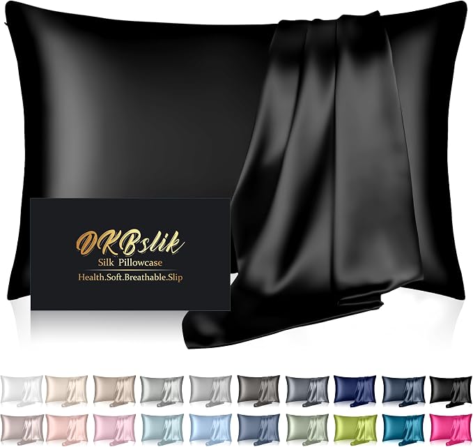 Mulberry Silk Pillow Cases Standard Size, Silk Pillowcase for Hair and Skin, Both Sides Natural Silk Satin Pillowcase for Sleeping Women with Zipper, Gifts for Women Men, Black