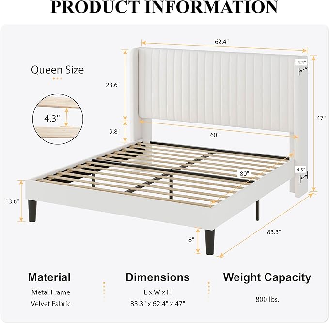 SHA CERLIN Queen Size Velvet Bed Frame, Tufted Wingback Headboard, White | 47'' Modern Vertical Channel Headboard, Upholstered Platform Bed, Wood Slats, No Box Spring Needed, Easy Assembly, Noise Free