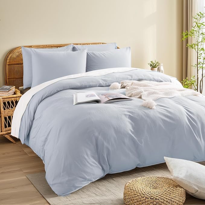NEXHOME PRO Queen Duvet Cover Set, 100% Washed Cotton with Linen-Like Texture, Natural Organic, Breathable & Comfortable, Includes Home Bedding Set Cornflower Blue (No Comforter) 9090