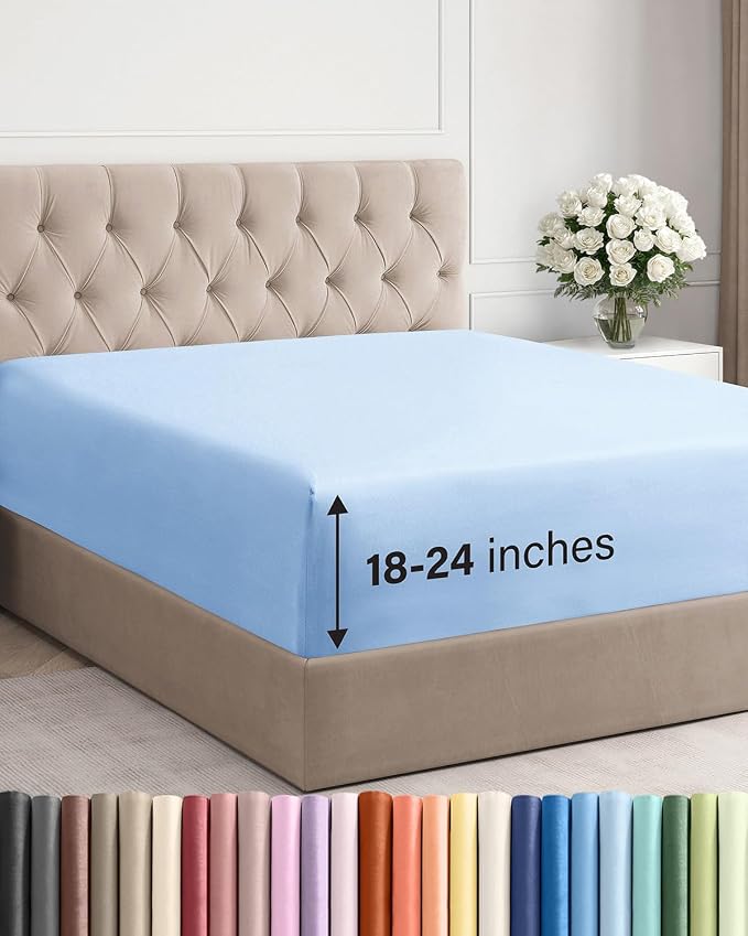 Extra Deep Full Fitted Sheet - Single Fitted Sheet Only - Light Blue | Easily Fits 18 inch to 24 inch Mattress, Soft, Wrinkle Free, Breathable & Comfy, Extra Deep Pockets Hotel Luxury Fitted Sheet