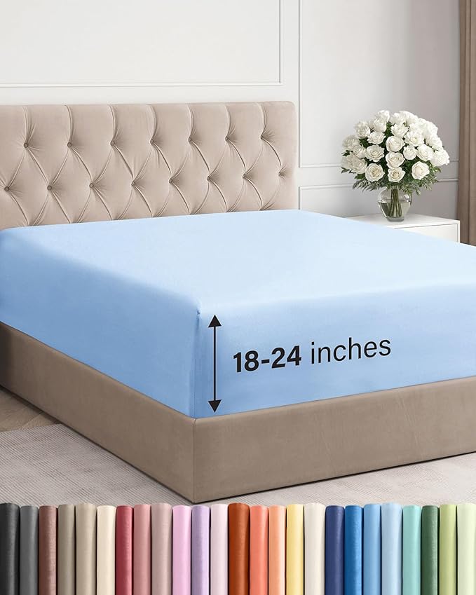 Extra Deep Cal King Fitted Sheet - Single Fitted Sheet Only - Light Blue | Easily Fits 18 inch to 24 inch Mattress, Soft, Wrinkle Free, Breathable & Comfy, Extra Deep Pockets Hotel Luxury Fitted Sheet
