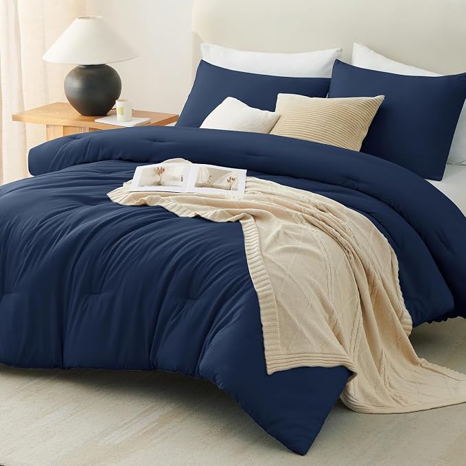 Queen Comforter Set, 3 Pieces Down Alternative Bedding, Navy Blue | 270 GSM All Season Comforter with 4 Corner Ties for Use as a Duvet Insert, OEKO-TEX Certified, 2 Pillowcases, 88 x 88 in
