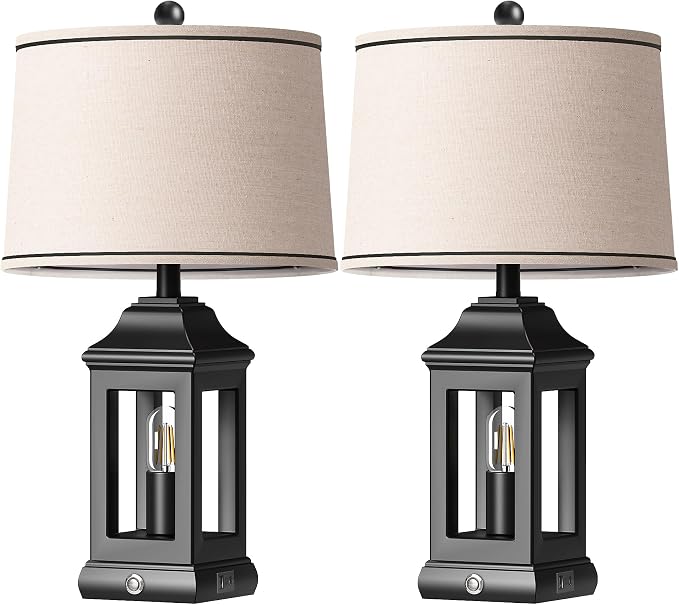 24" Rustic Farmhouse Table Lamps for Living Room Set of 2, Touch Dimmable Nightlight Vintage Bedside Lamps with USB A+C Ports & Dual Light Sources for Bedroom Nightstand End Table, Matte Black