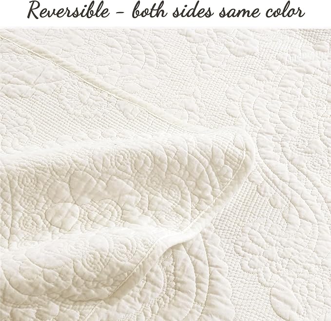 Cozy Line Home Fashions Ivory Cotton Quilt Set – 3-Piece Quilted Damask Medallion Bedspread with Shams, Textured All Season Elegant Bedding, Queen