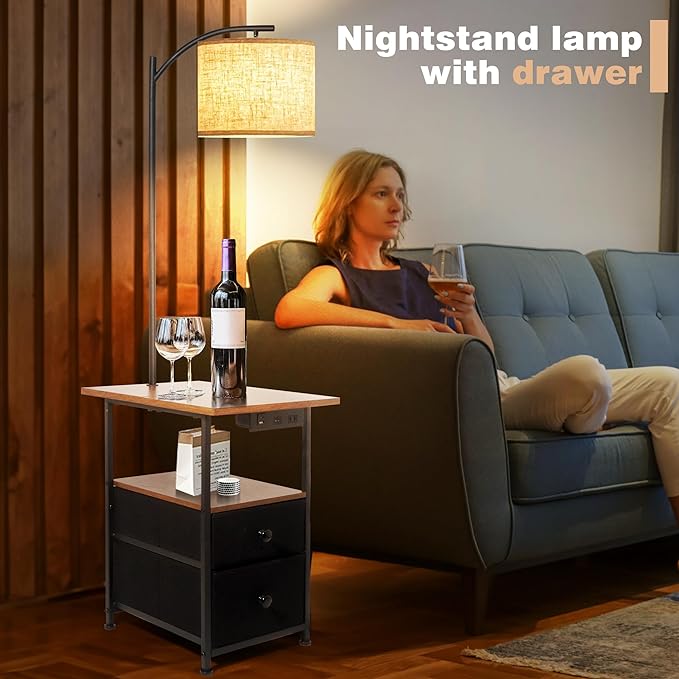 PESRAE Floor Lamp with Table & 2 Drawers, End Table with Lamp, Rustic Brown | Charging Station with USB, Type-C & AC Outlet; 9W LED Bulb with 3 Color Temperatures for Bedroom, Living Room & Home Office
