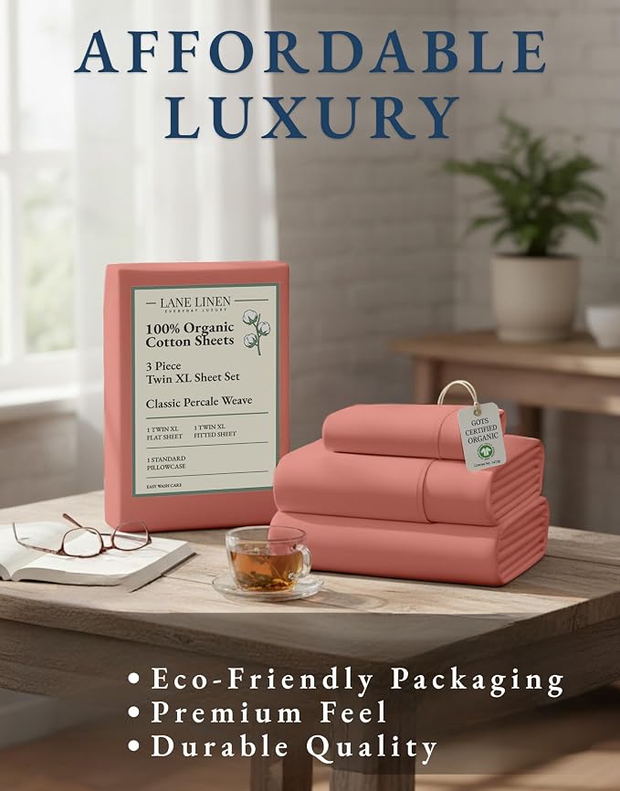 LANE LINEN Twin Sheets 100% Organic Cotton Percale Cooling Soft - Rose Dawn | 100% Organic Cotton Percale Twin Sheet Set - Easy-Care Machine Washable, Breathable For Year-Round Sleep, For Hot Sleepers