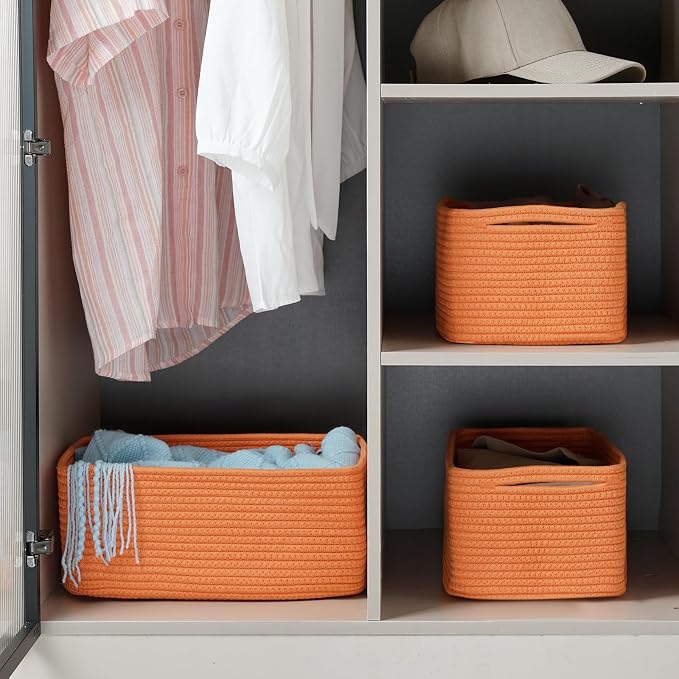 3 Pack Small Storage Baskets for Organizing, 11.8×7.8×5.1", Orange | Woven Baskets for shelves, Cotton Rope Basket for Gifts Empty, Closet Organizer Bins with Handles, Cube Decorative Box