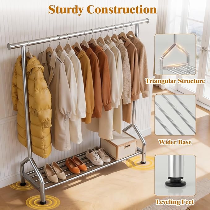 Sturdy Clothing Racks with Shelf, Metal Clothes Rack with Leveling Feet for Hanging Clothes, Freestanding Garment Coat Rack for Bedroom, Apartment & Small Spaces, Silver