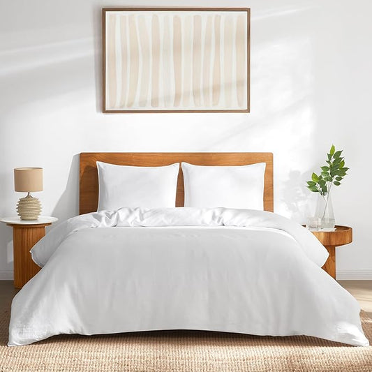 DAPU 100% French Linen Duvet Cover 3Pcs Set, 170GSM Linen Bedding, Queen | Soft Breathable All-Season for Hot sleepers, Corner Ties & Zipper Closure, French Linen Flax from Normandy, White