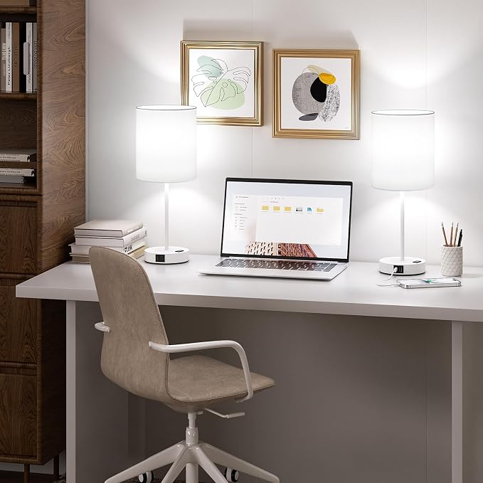 17.6" White Touch Lamps for Bedroom Set of 2 - Dimmable, USB C+A, AC Outlet | Large 17.6" Tall Lamp, 3-Way Dimming, 5000K Daylight Bulbs, White Lampshade White Base, for Living Room, Boys, Men, Girls