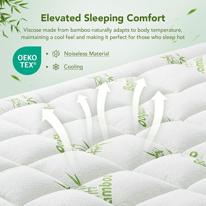 Twin Size Mattress Topper Viscose Made from Bamboo, Extra Thick Quilted Pillow Top, Naturally Cooling & Breathable for Hot Sleepers, Back Pain Relief, Deep Pocket Skirt Fits 6-18", Green