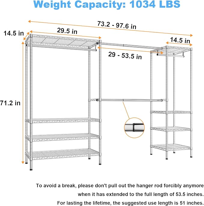 Ulif E11 Heavy-Duty Garment Rack, Metal Clothes Rack, Load 1034lbs, Chrome | Freestanding Expandable Closet Storage Organizer System with 8 Shelves and 4 Hanger Rods, (73.2-97.6)"W x 14.5"D x 71.2"H
