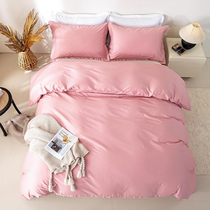 OAITE Duvet Cover Set 100% Washed Cotton Solid 3pcs | Soft,Durable,Long-staple Cotton,Hidden Zipper with 8 Interior Corner Ties,2 Pillowcases