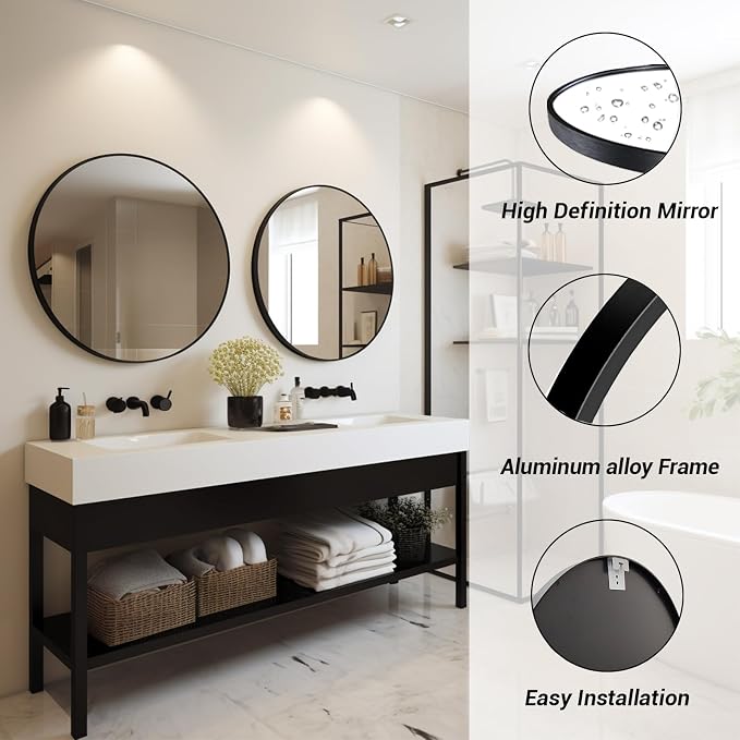 Big Round Mirror 40 inch, Black Circle Mirror, Matte Metal Frame | High Definition Mirror, Rust-resistant, Easy installation, Circular Mirror for Restroom, Cloakroom, Guest Room, Hallway
