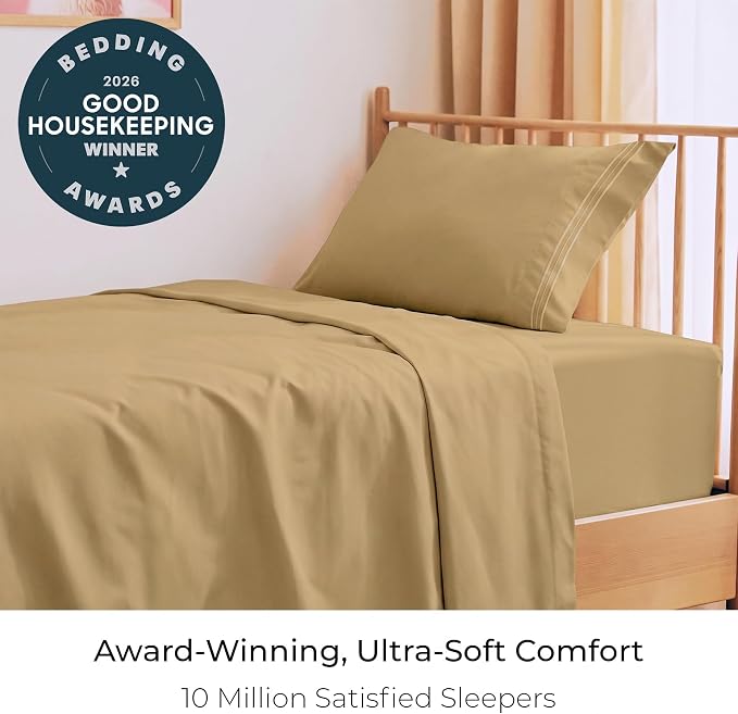 Mellanni Iconic 3-Piece, Ultra Soft Sheet Set (Twin XL, Gold) | 10M+ Sleepers. Lab-tested: Sleeps Cool, Stays Bright, Strong, Smooth. Good Housekeeping Best Bedding, 7 yrs running.