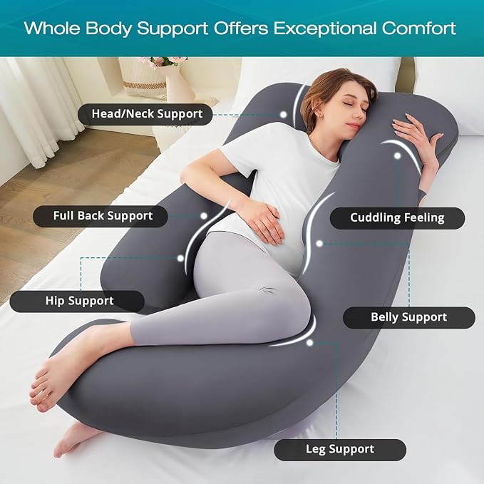 Cooling Pregnancy Pillows for Sleeping, 65'' Full Body Pillow, Dark Grey | Sasttie Maternity Pillow, OEKO-TEX, Down Alternative, Removable Cover, Pregnant Women Must Haves, Maternity Essential